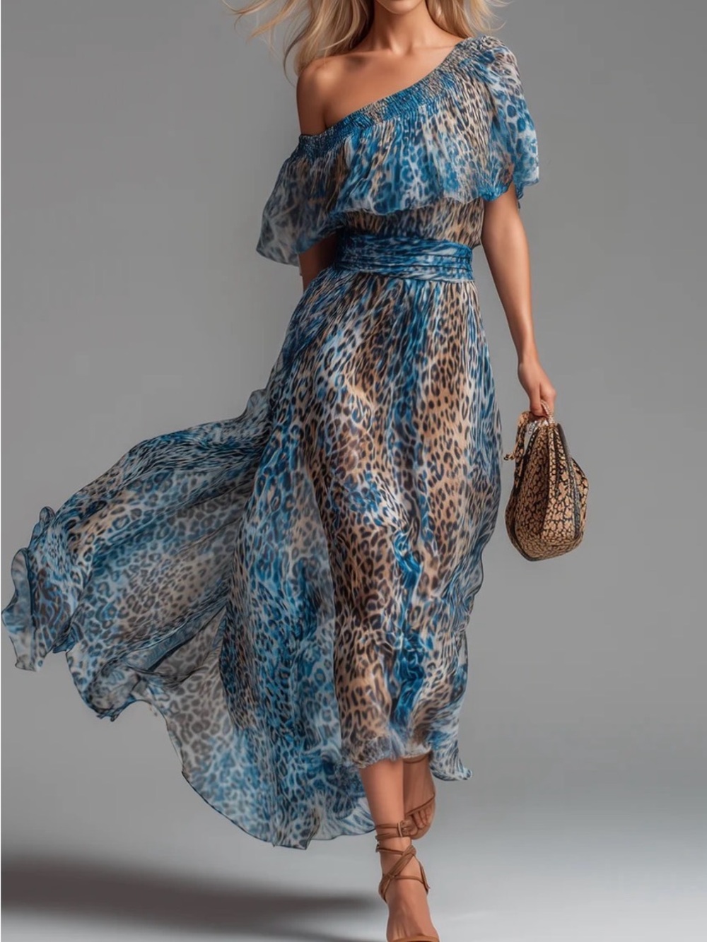New Blue Leopard-Print One-Shoulder Maxi Dress s